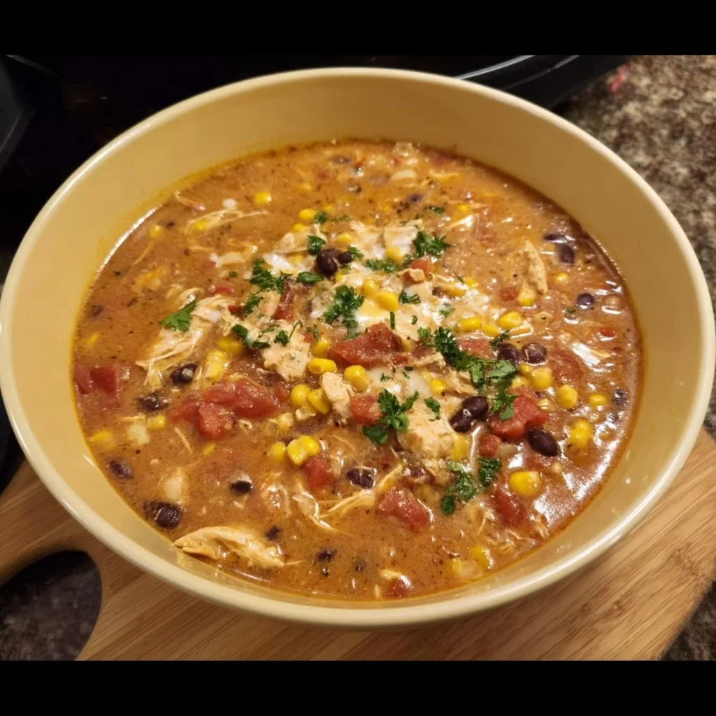Delicious Crock Pot Mexican Chicken Corn Chowder served in a bowl
