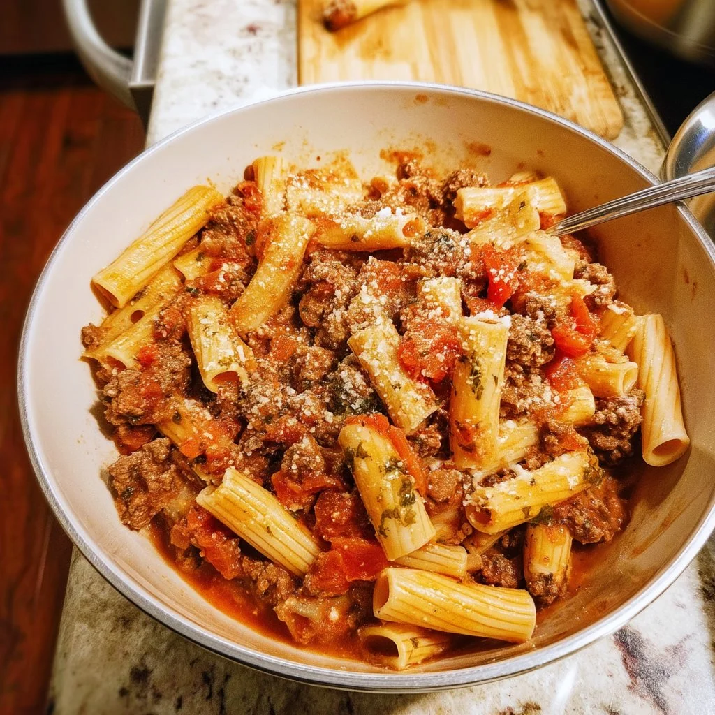 Hearty one-pot beef pasta dish with rich sauce and pasta.
