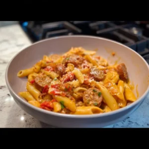 Delicious one-pot sausage pasta dish with fresh herbs and ingredients