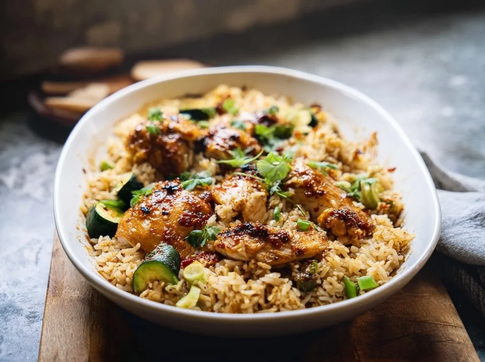 One Pan Chipotle Honey Rice Chicken served with fresh ingredients