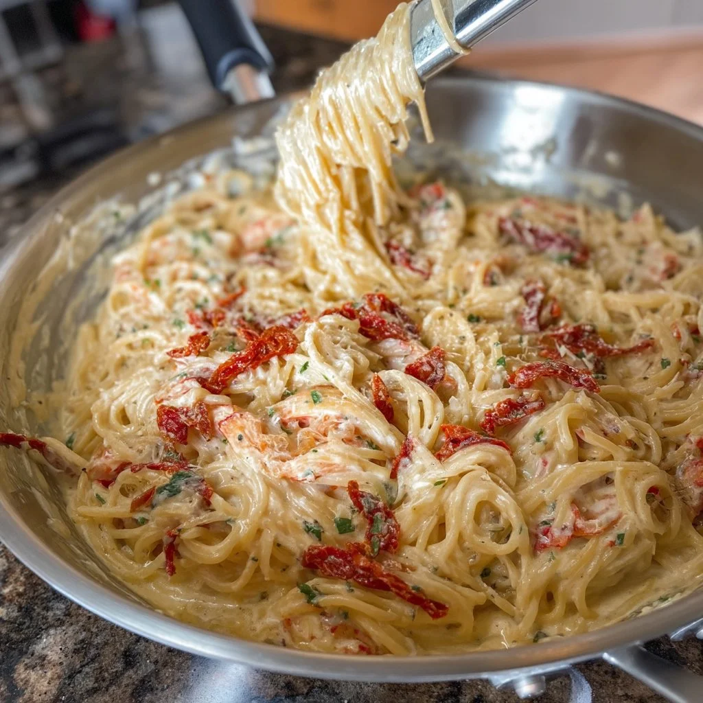 One-Pan Sun-dried Tomato Pasta served with fresh herbs