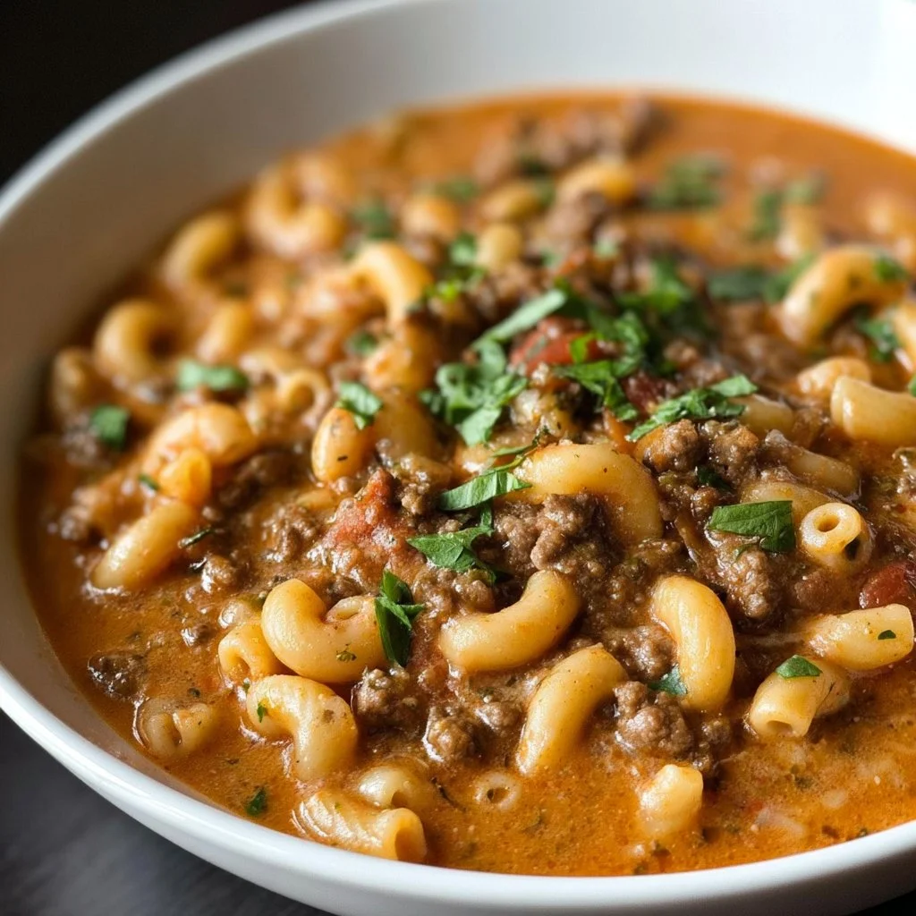 One-pot beef macaroni soup in a bowl garnished with herbs