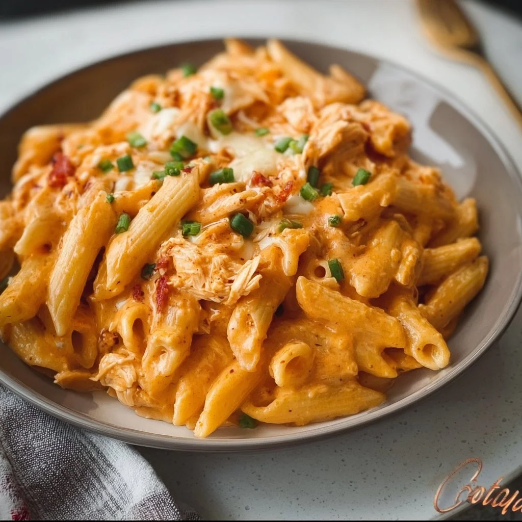 Delicious One-Pot Buffalo Chicken Pasta ready to serve, topped with green onions.