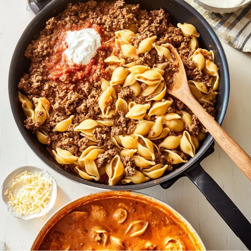 One-Pot Cheesy Beef & Shells dish with creamy cheese sauce on a plate.