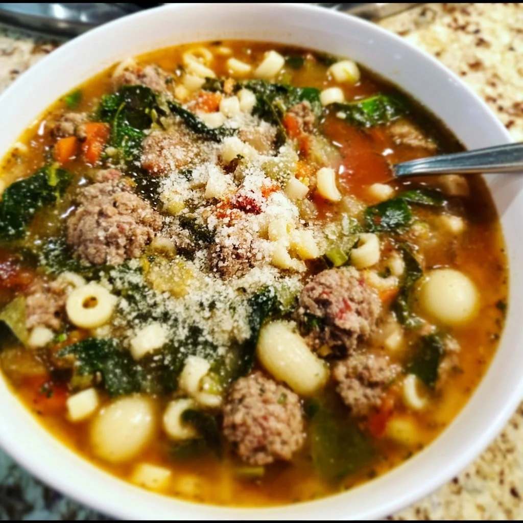 A bowl of delicious One-Pot Italian Wedding Soup with fresh vegetables and meatballs