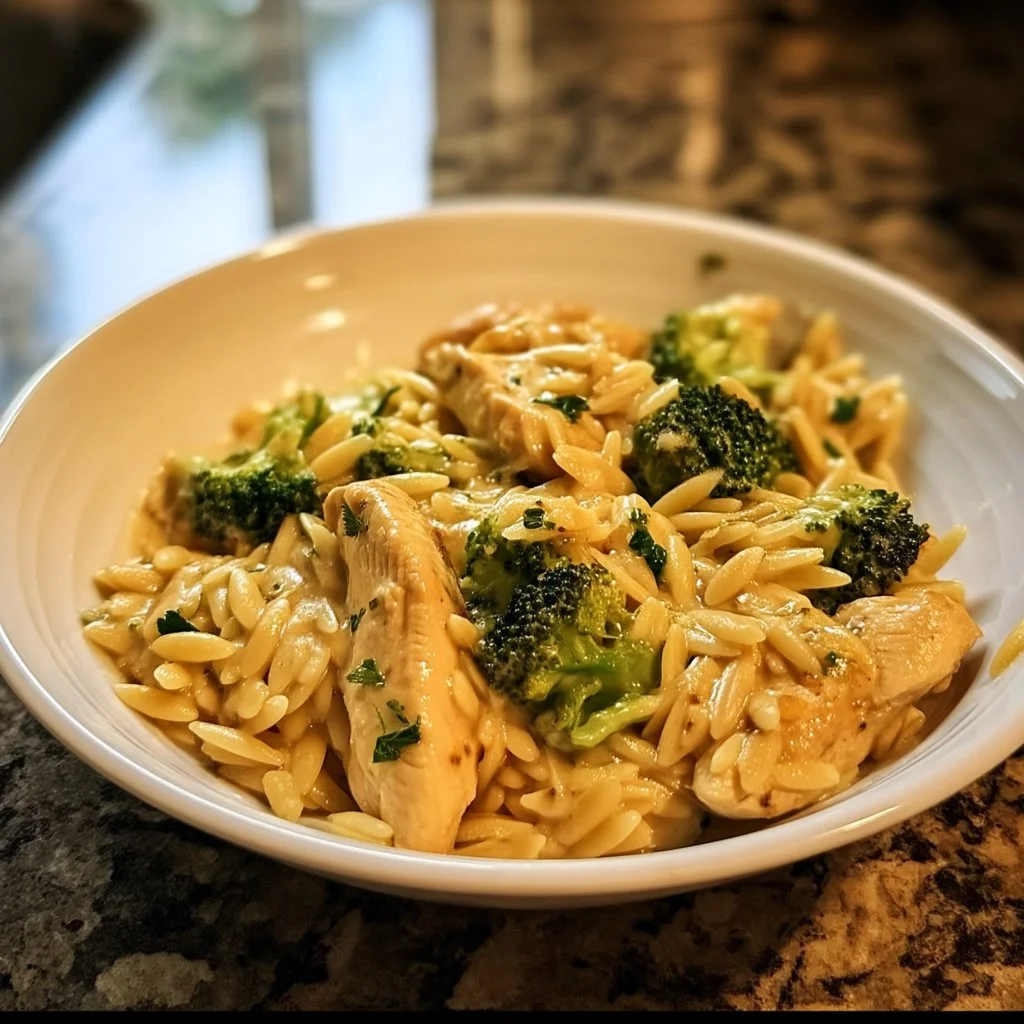 One-Skillet Cheesy Orzo Dish topped with melted cheese and herbs