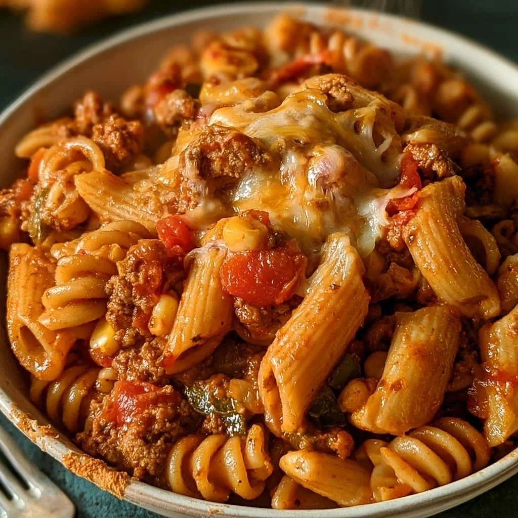 Plate of cheesy taco pasta with ground beef and colorful toppings