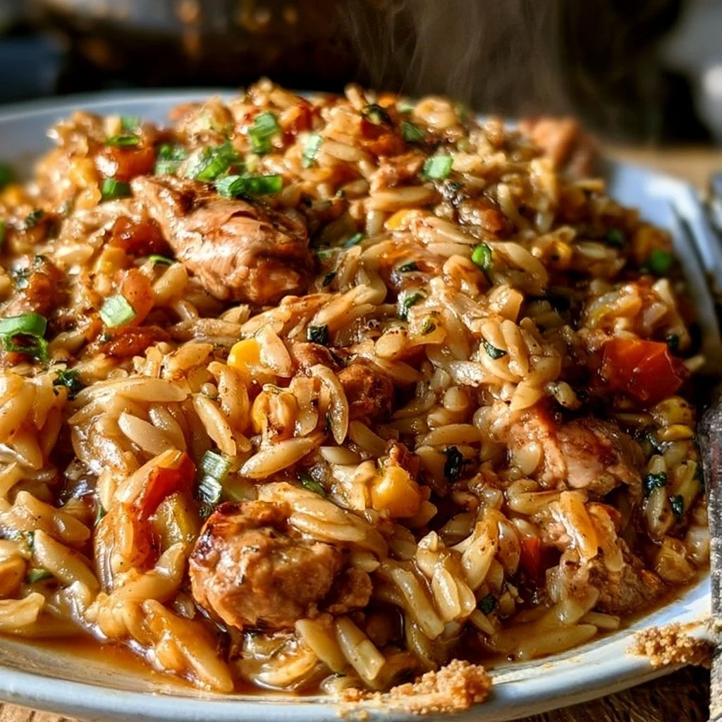 30-Minute One-Pan Cajun Dirty Orzo dish with colorful ingredients