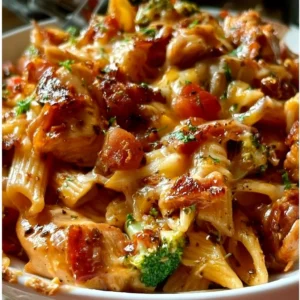 One-pan Monterey Chicken Pasta dish featuring chicken and pasta in a savory sauce