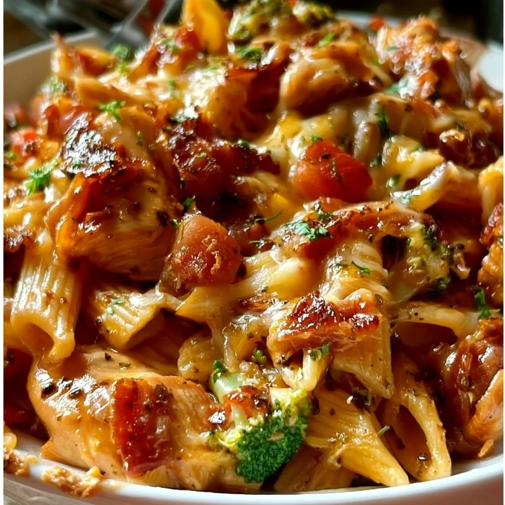 One-pan Monterey Chicken Pasta dish featuring chicken and pasta in a savory sauce