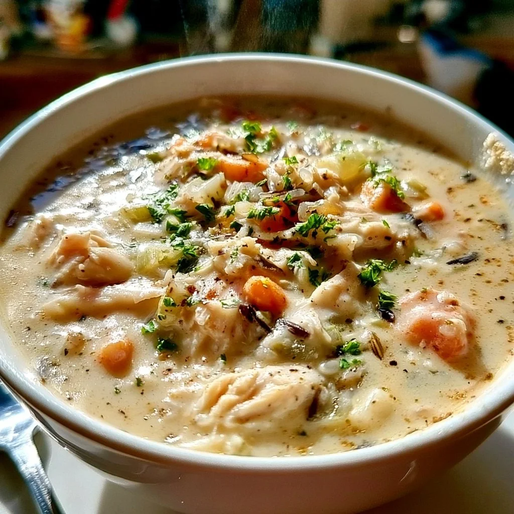 Delicious bowl of homemade Wild Rice Soup inspired by Panera's recipe