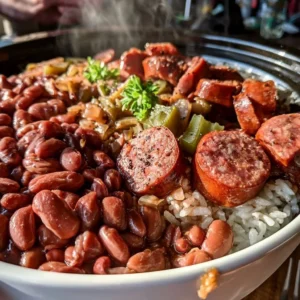 Bowl of Cajun Red Beans And Rice with 20g protein, garnished with green onions.