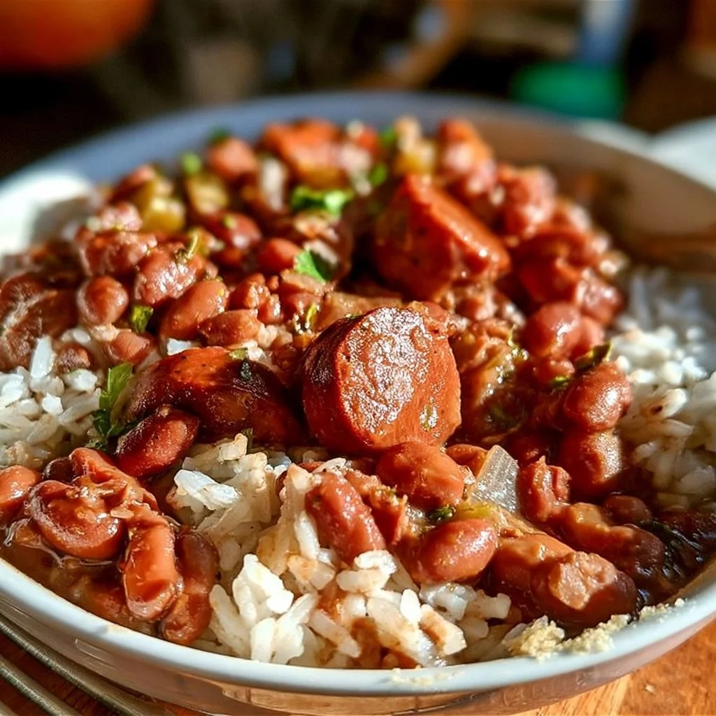 Cajun style vegan red beans and rice dish with colorful spices and herbs