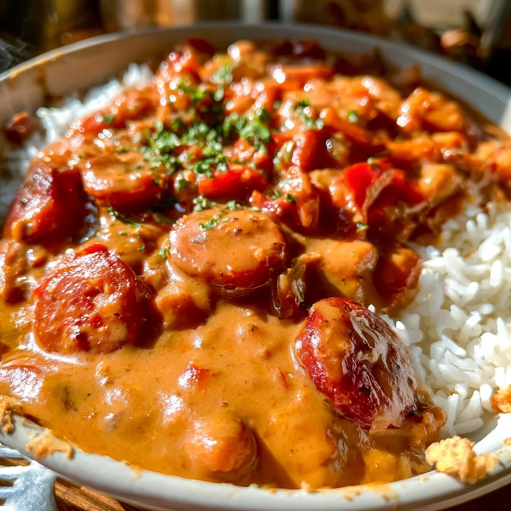 Creamy Cajun Sausage with 23g Protein on a plate garnished with herbs
