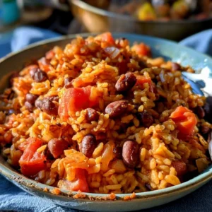High-protein Spanish rice and beans dish with black beans and tomatoes