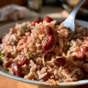 Jamaican Rice & Beans cooked with coconut milk for a delicious meal