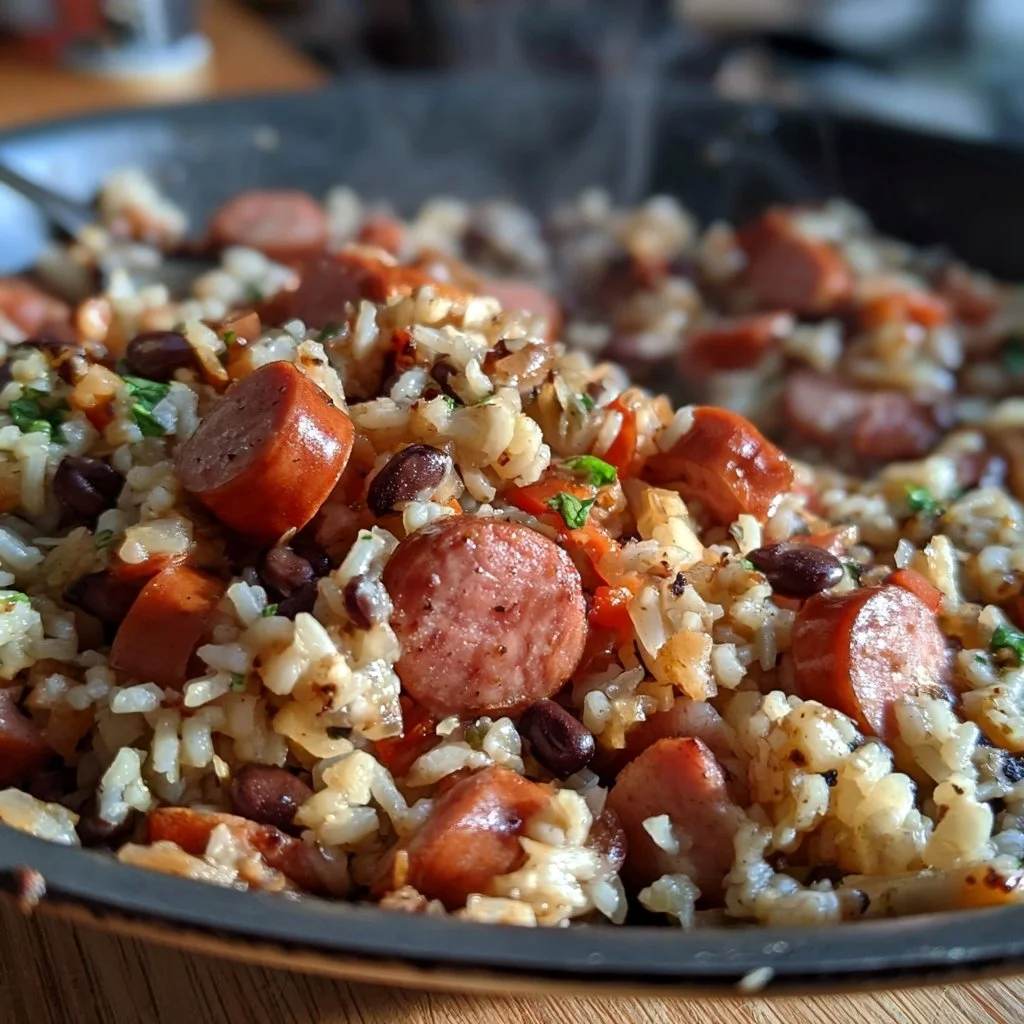 Plate of Kielbasa Rice Beans with 20g protein showcasing delicious ingredients